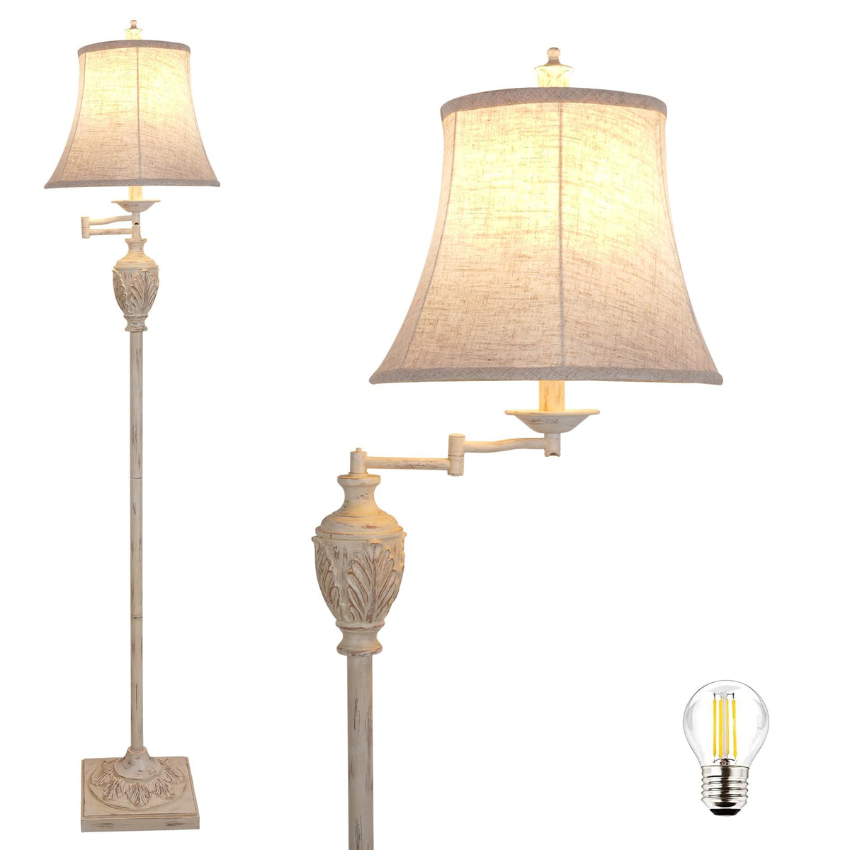 Traditional LED Floor Lamp with 350° Adjustable Swing Arm Lamp – Vintage Standing Pole lamp for Living Room, Bedroom and Office – Rustic Upright Floor Light for Home Décor with Silk Fabric Shade
