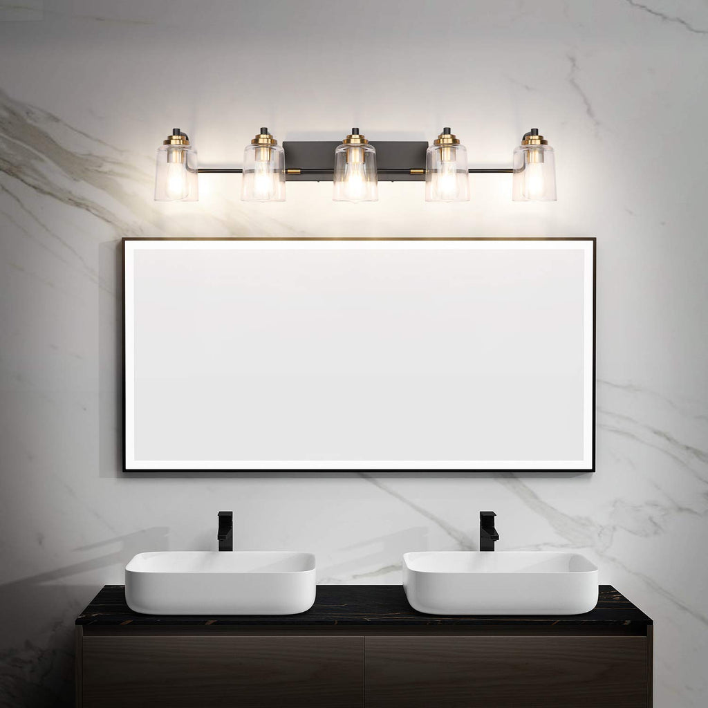 SOLFART 20.1 Inch Black Vintage Bathroom Vanity Light Fixtures Fixtures with Modern Glass Globe Shade Metal Brass Wall Lamp 2 Lights