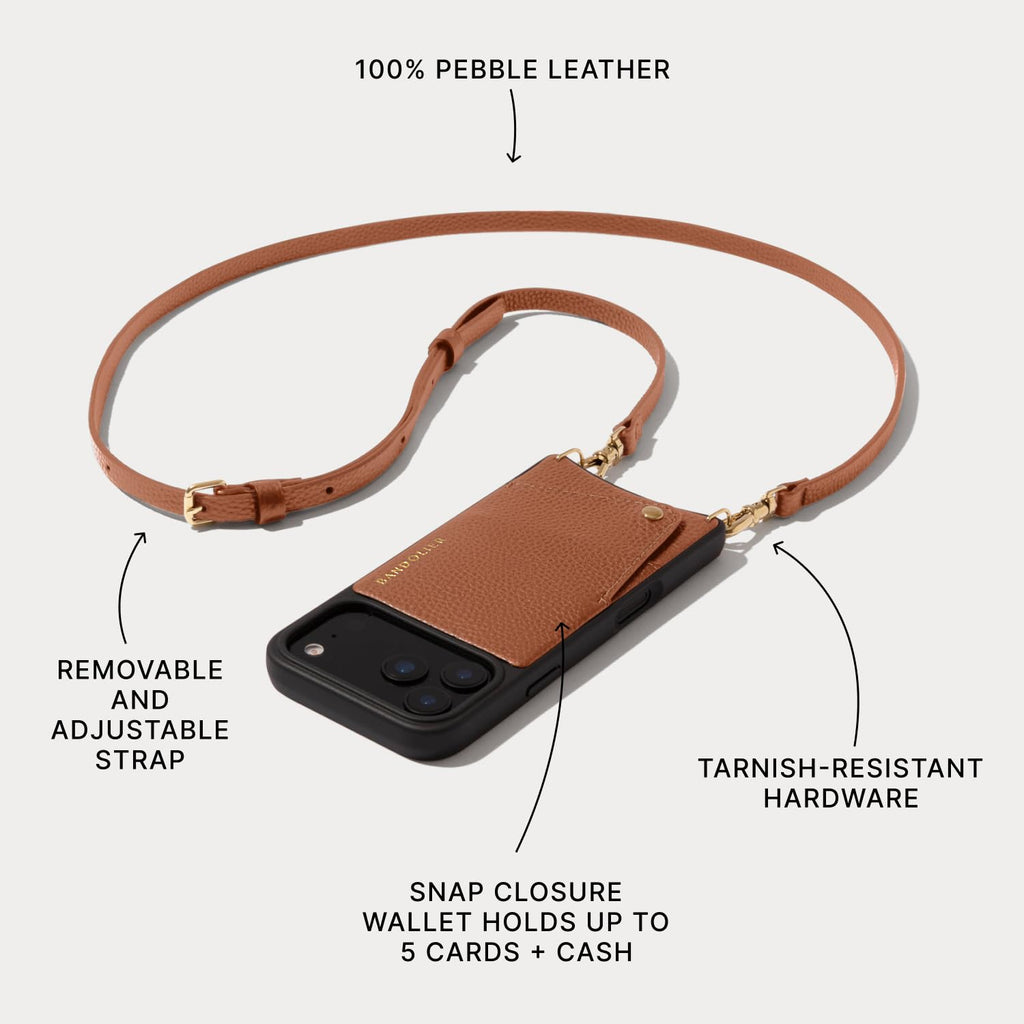 Bandolier Emma Crossbody Wallet Phone Case for iPhone 15 Pro Max. 100% Genuine Pebble Leather. Adjustable & Removable Crossbody Strap. Card Holder with Snap Closure. Black with Gold Hardware