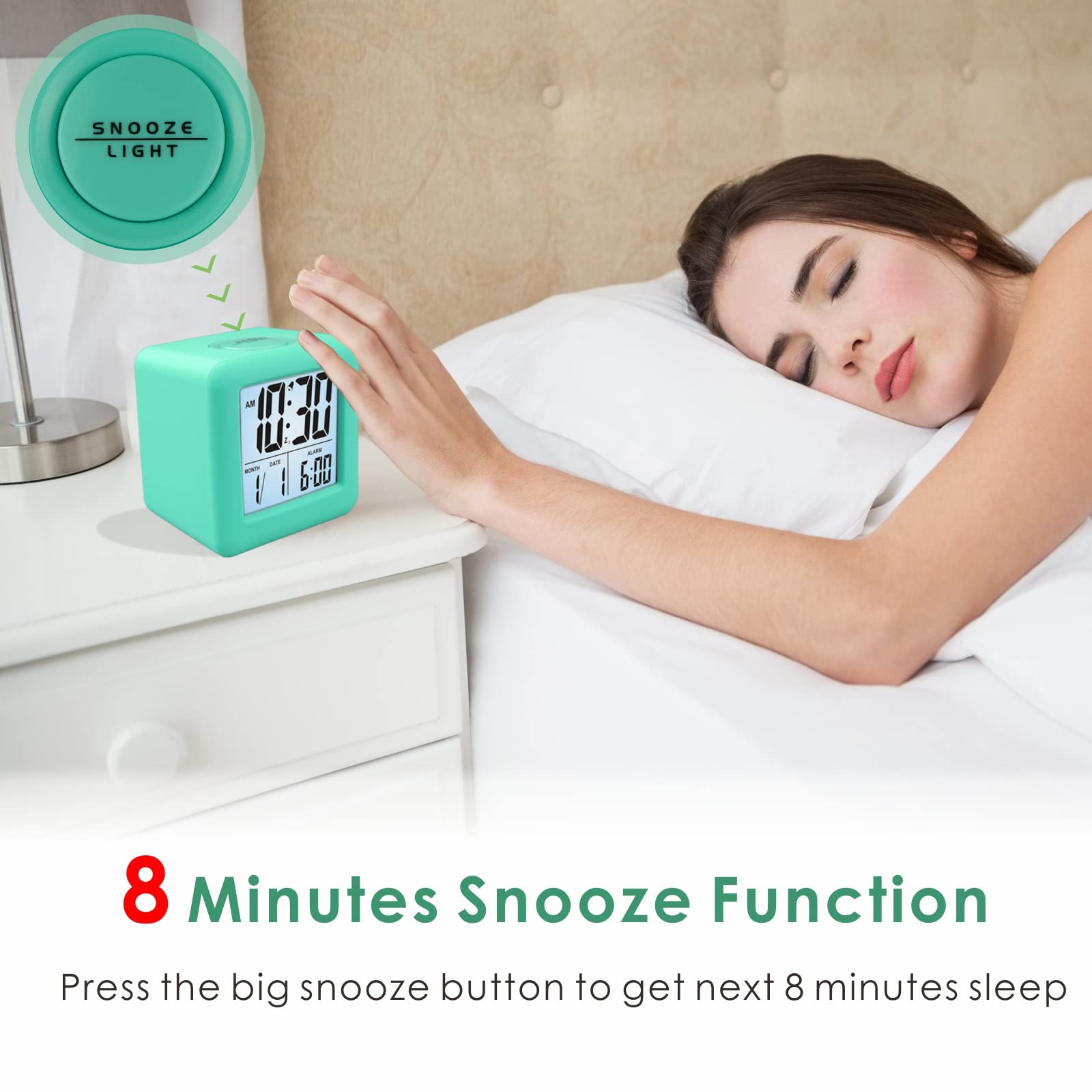 Plumeet Digital Alarm Clock Kids Clock with Snooze and White Nightlight - Easy Setting Travel Alarm Clocks Display Time, Date, Alarm - Ascending Sound - Battery Powered (Baby Blue)