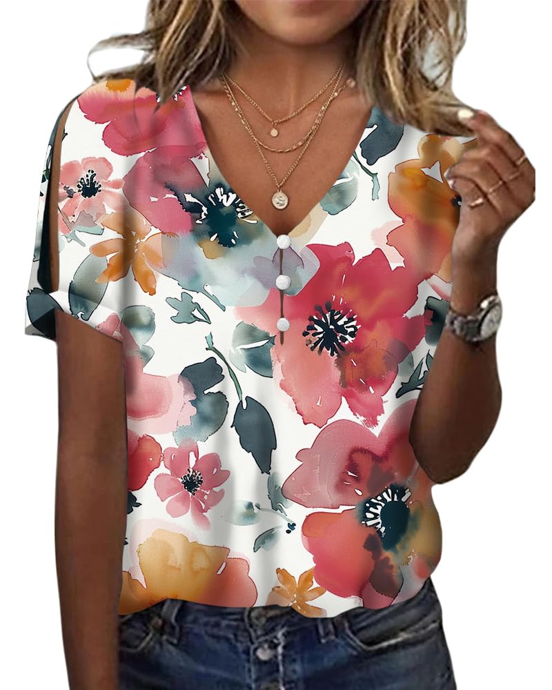 HOTYD Women's Boho Floral Print Ladies Short Sleeve Tops Summer Blouses Dressy Casual V Neck Cold Shoulder Tunic Tops