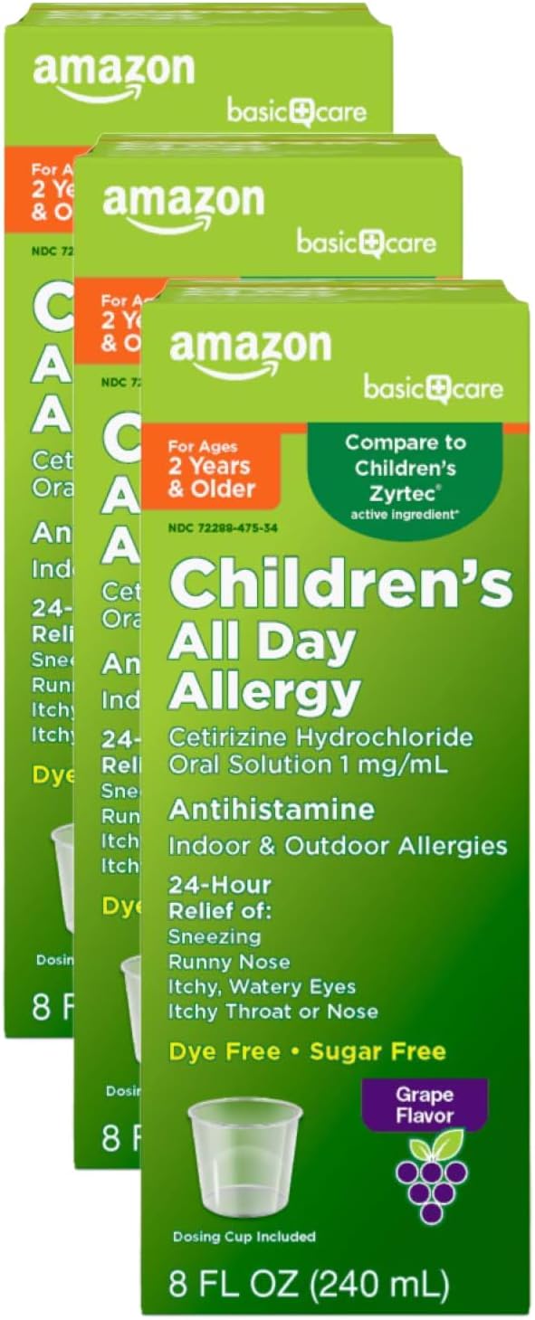 Amazon Basic Care Children’s 24 Hour Allergy Relief, Cetirizine Hydrochloride Oral Solution 1 mg/mL, Grape Flavor, Dye Free, 8 fl oz (Pack of 3)