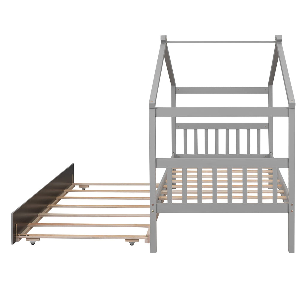 Merax Twin Size Wooden House Bed with Two Drawers, Wood Bed Frame with Roof for Kids, Teens, Boys or Girls, Grey