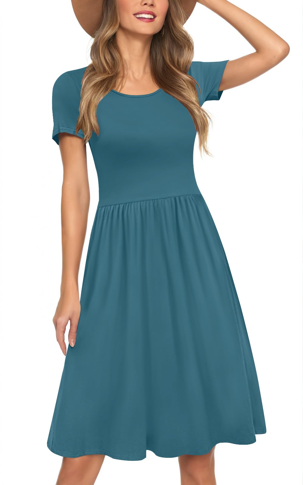 Womens Short Sleeve Empire Waist Dresses Casual Summer Dress with Pockets