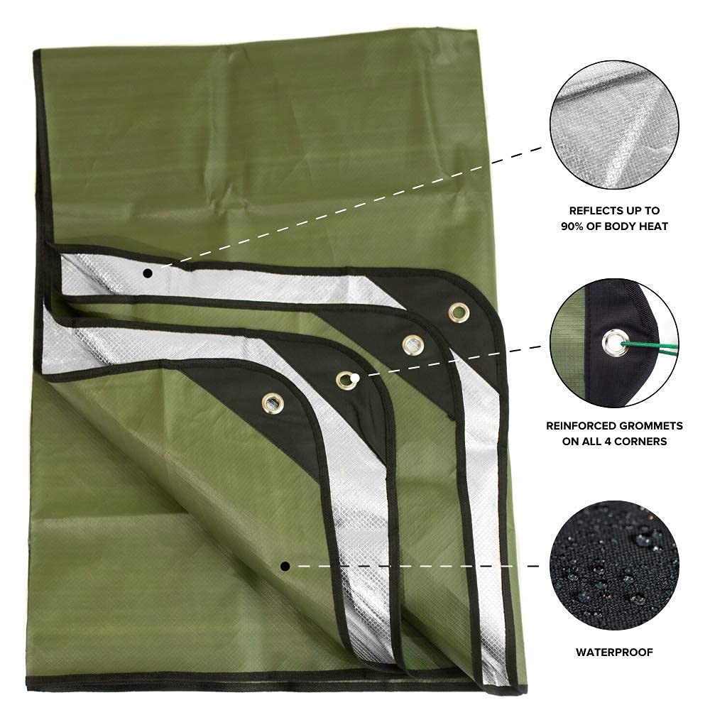 Arcturus Insulated Tarp, Reusable Heavy Duty Thermal Survival Blanket – 60x82in, Reflects 90% Body Heat, Waterproof, Windproof, 3-Layer Design, Reinforced Grommets, Black