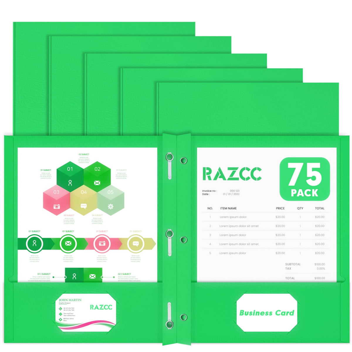 Two Pocket Folders, RAZCC 75 Pack Two Pocket Folders with Prongs, 3 Prong Pocket Folders Letter Size, Paper Folders with Prongs for School Office Home Business, Assorted 5 Colors