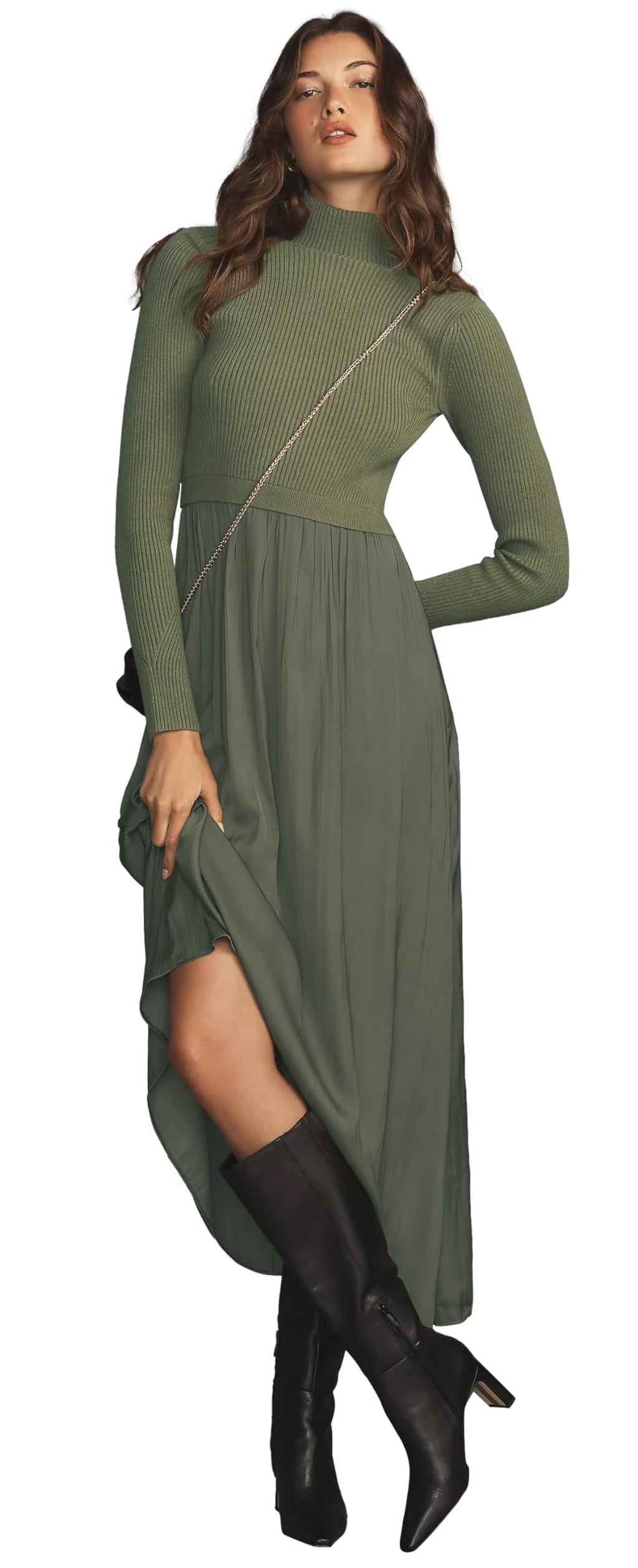 Womens Fall Mock Turtleneck Long Sleeve Ribbed Knit Pullover Tops Fashion Long Maxi Dress