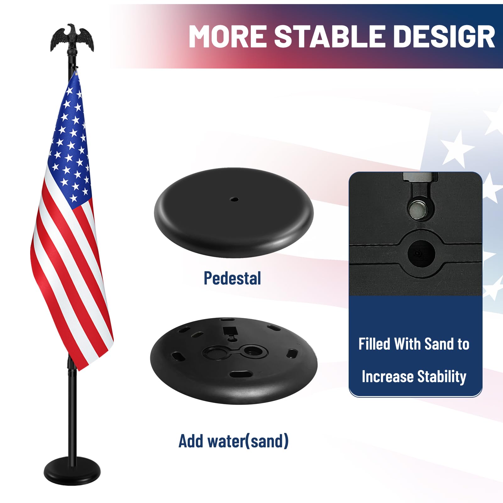 Indoor Flagpole with Base,Telescoping Flag Pole 6FT-8FT, Flagpoles Rotate 360 Degrees, 3X5 USA Flag-Heavy Duty Water Resistant Polyester Canvas Embroidered Stars. Suitable for Office, Auditorium, School, Use (1-pack)