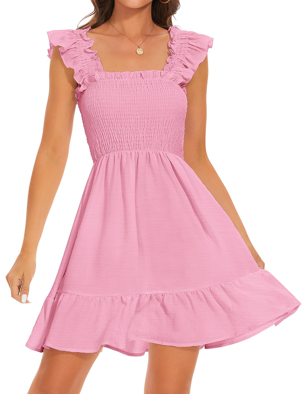 ROYLAMP Women's Smocked Dresses Square Neck Elegant Tiered Boho Ruffle Shoulder Swing Flowy Summer Casual Mini Dress