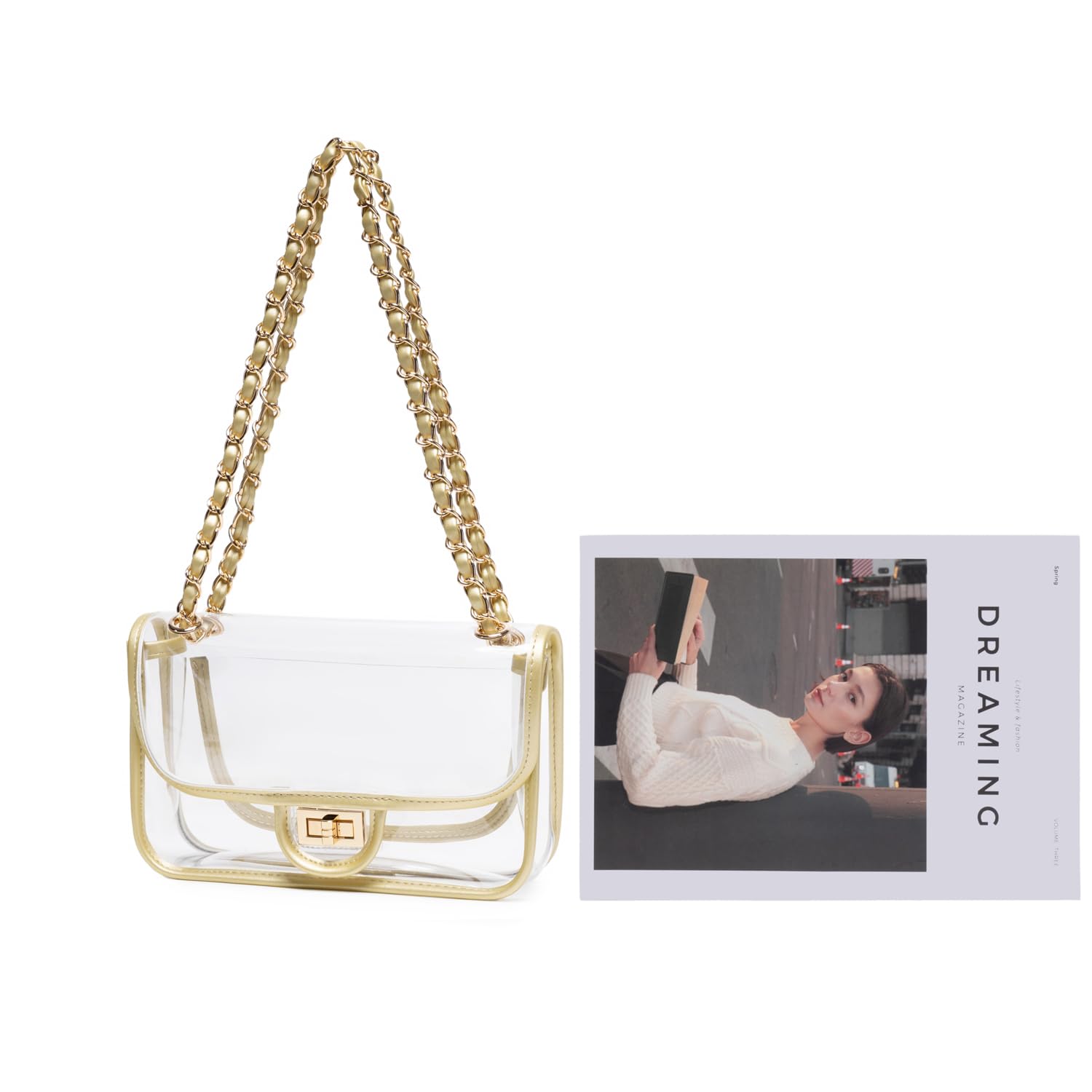 Womens PVC Clear Purse Handbag with Chain Stadium Approved Clear Bag See Through Bag for Working and Concert