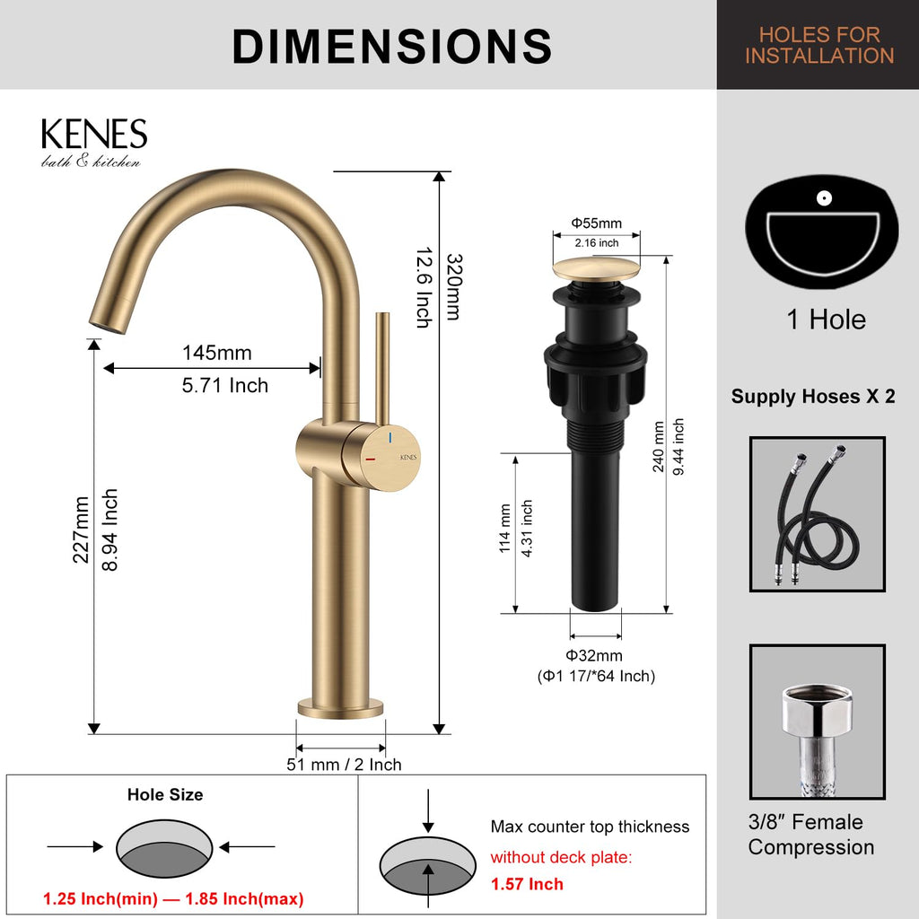 KENES Black and Gold Single Handle Bathroom Sink Faucet, Modern Prep Wet Bar Sink Faucet with Drain Assembly & Deck Plate, Vanity Faucets for Farmhouse RV Camper Utility, KE-9005B-BG