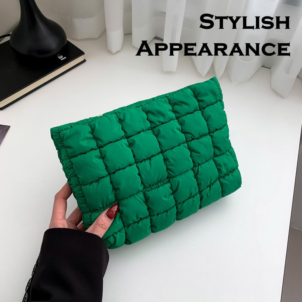 Puffy Quilted Makeup Bag for Women, Cosmetic Bag, Travel Toiletry Organizer Pouch Clutch (Black Flowers)