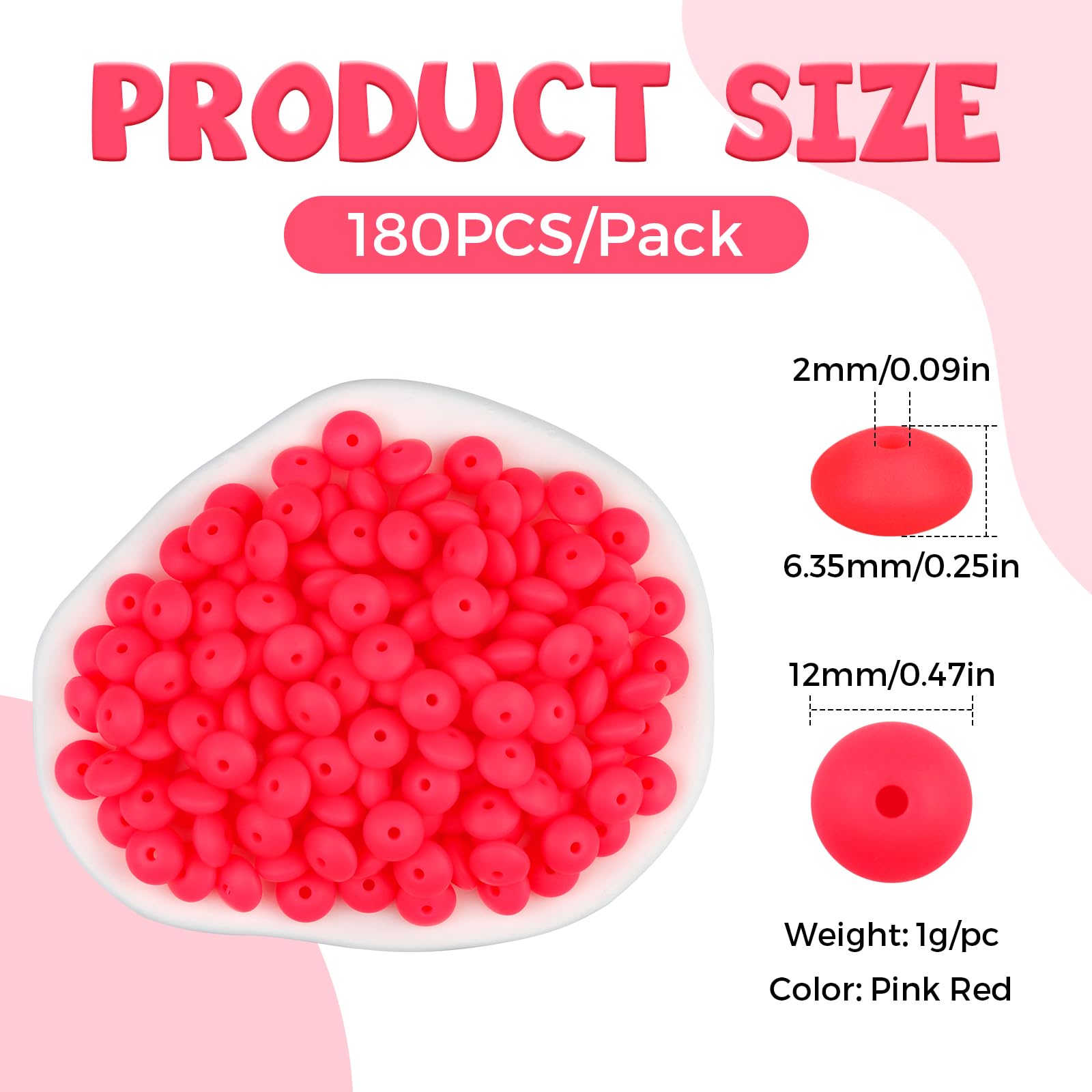 FIVEIZERO 180PCS Silicone Lentil Beads,12mm Spacer Beads | Flexible Silicone, 2mm Hole Design, Easy to Thread, Fade Resistant, Easy to Clean