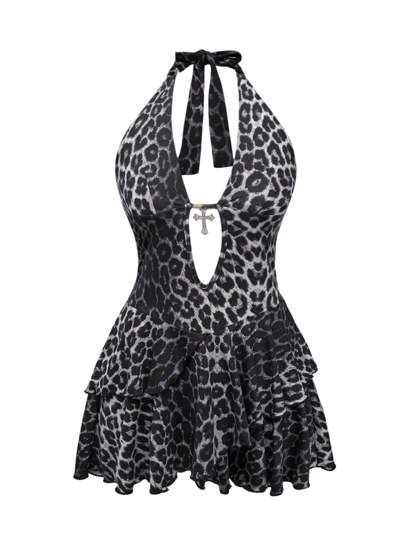 SOLY HUX Women's Plus Size Leopard Print Halter Dress Y2k Gothic Deep V Cheetah Tie Backless Layered Ruffle Mini Dresses