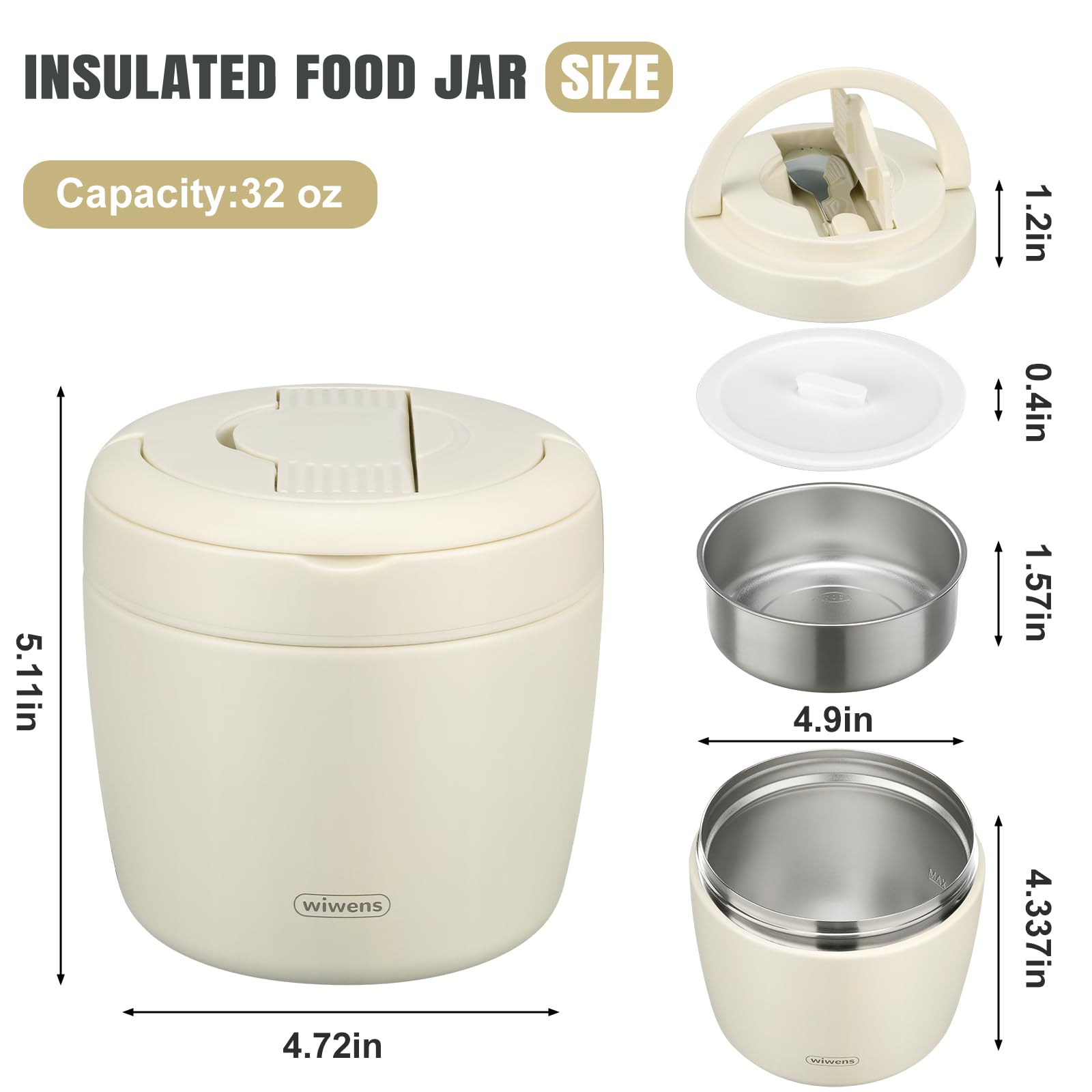 wiwens Thermo Food Jar for Hot Food Adults 32OZ Soup Thermo Lunch Containers Wide Mouth Vacuum Insulated Stainless Steel Leakproof Bento Box with Spoon (Beige)
