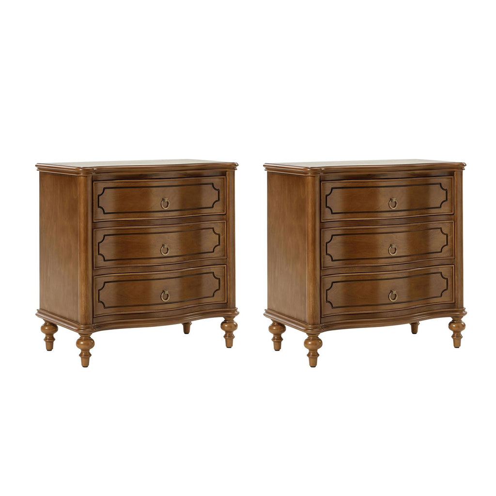HULALA HOME Traditional Side Table with 3 Drawers, Tall Side Table with Curved Front Profle Desgin, Charging Station, Solid Wood Legs, Black