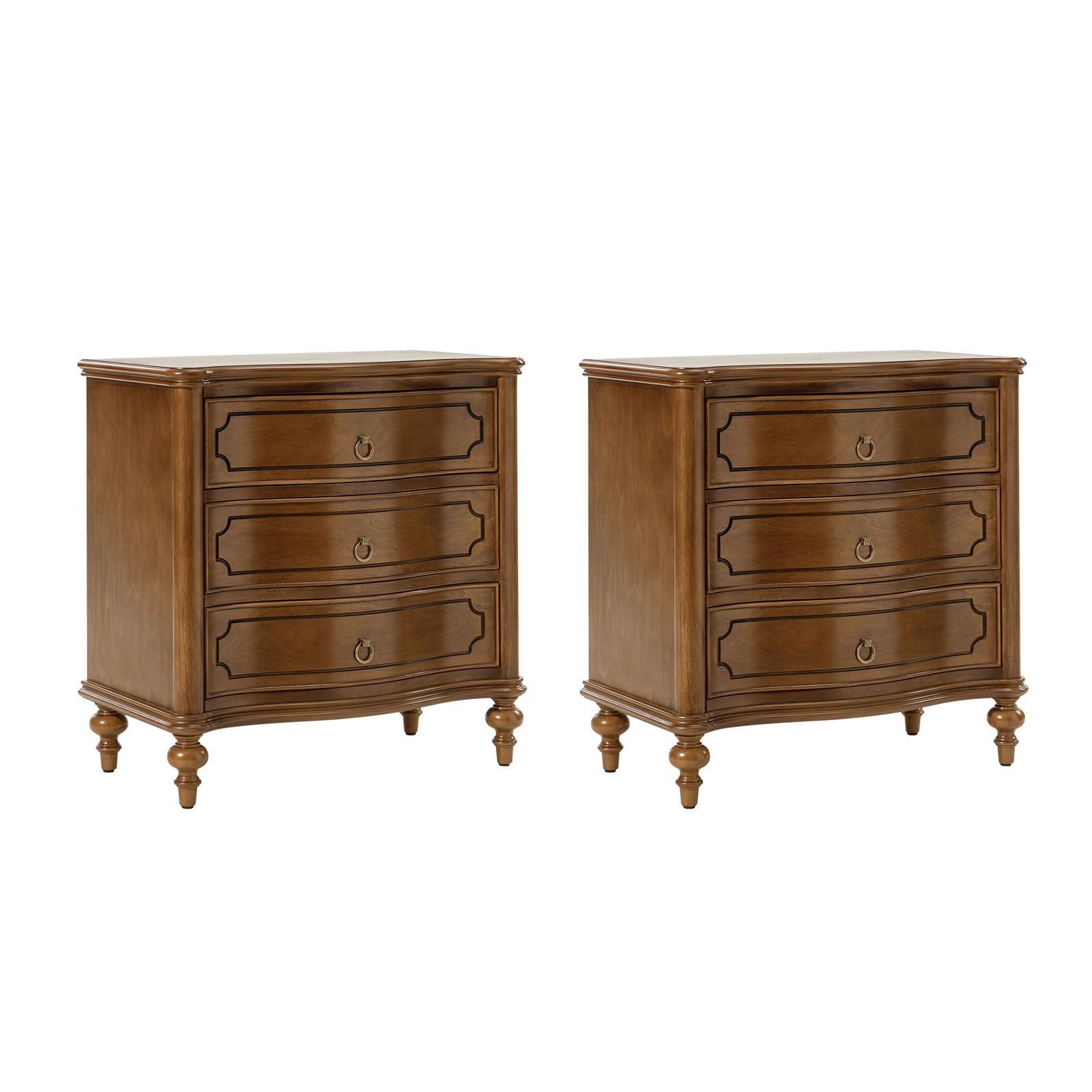 HULALA HOME Traditional Side Table with 3 Drawers, Tall Side Table with Curved Front Profle Desgin, Charging Station, Solid Wood Legs, Black