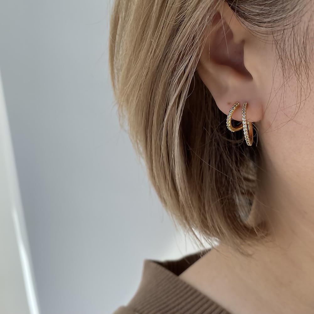Obidos 14K Gold Plated Illusion Stud Earrings for Women | Triple Huggie Hoop Earrings for One Hole| Trendy Simple Hypoallergenic Fashion Accessories Gold Jewelry Gifts for Womens