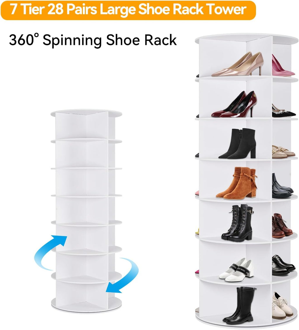 7 Tier Rotating Shoe Rack Tower, 360° Spinning Display Rack, Space Saving Storage Organizer with Lazy Susan for Closet, Hallway, Bedroom, Living Room, Dressing Room