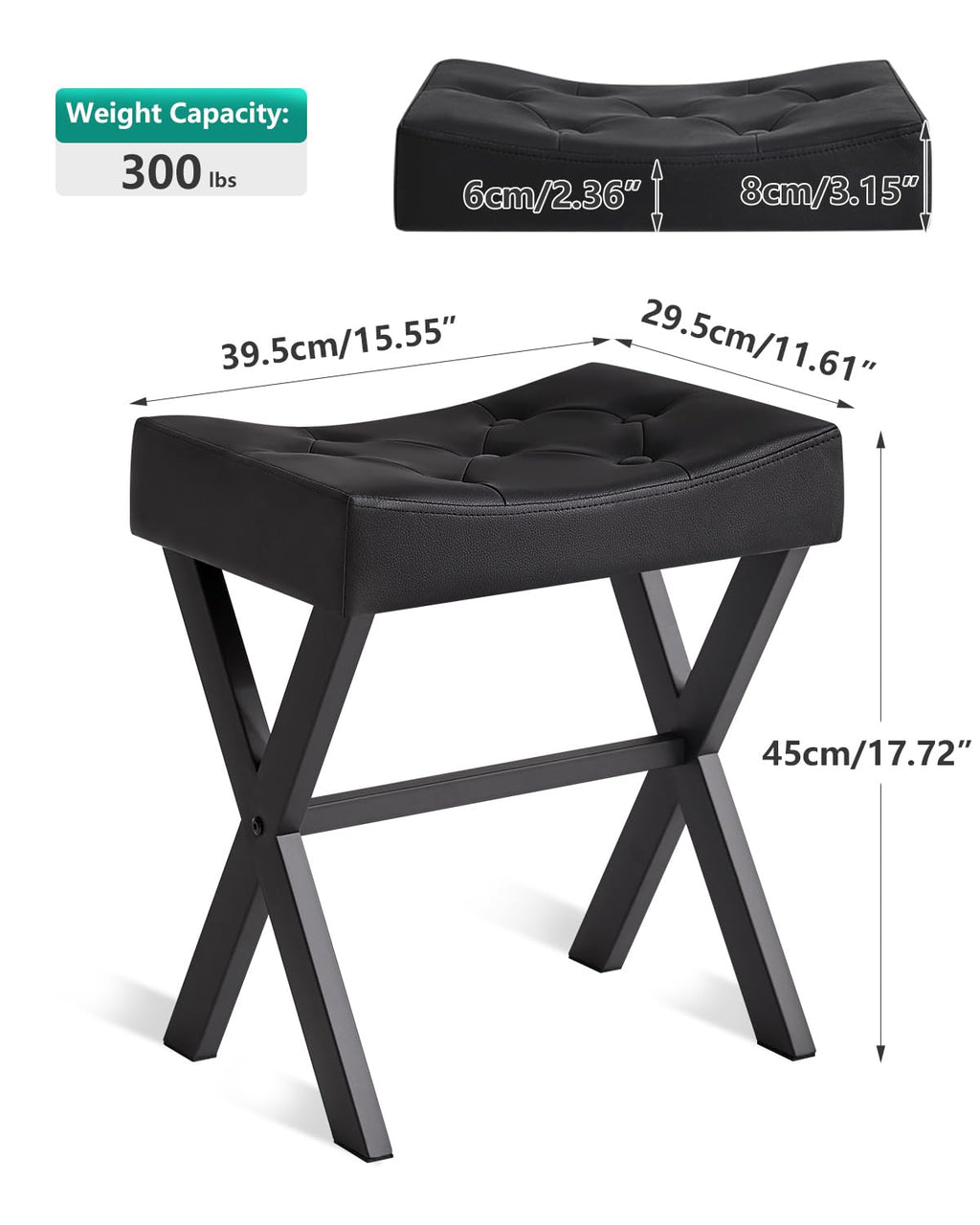 IBUYKE U-Shaped PU Vanity Stool, Square Makeup Chair with X-Leg, Ottoman Seat Footrest Stool, Multi-Use as Small Side Table, for Bedroom, Living Room, Black WBD019B