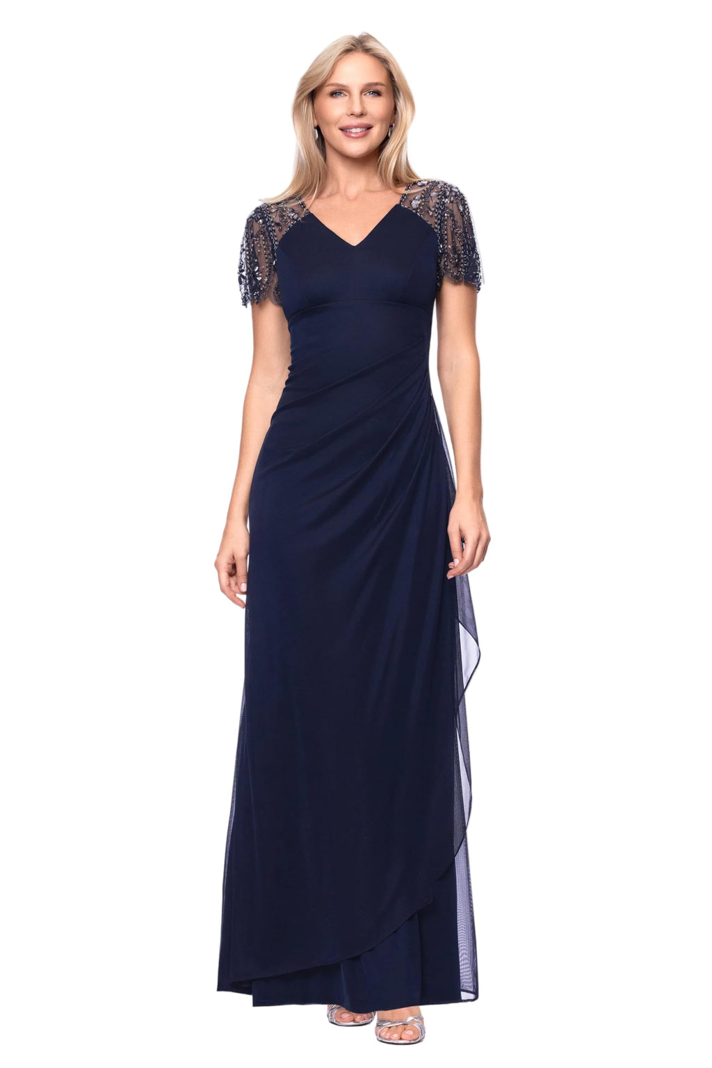 Xscape Floor Length Jersey Knit Evening Gown with V-Neckline, Beaded Flutter Sleeves and Ruched Draping
