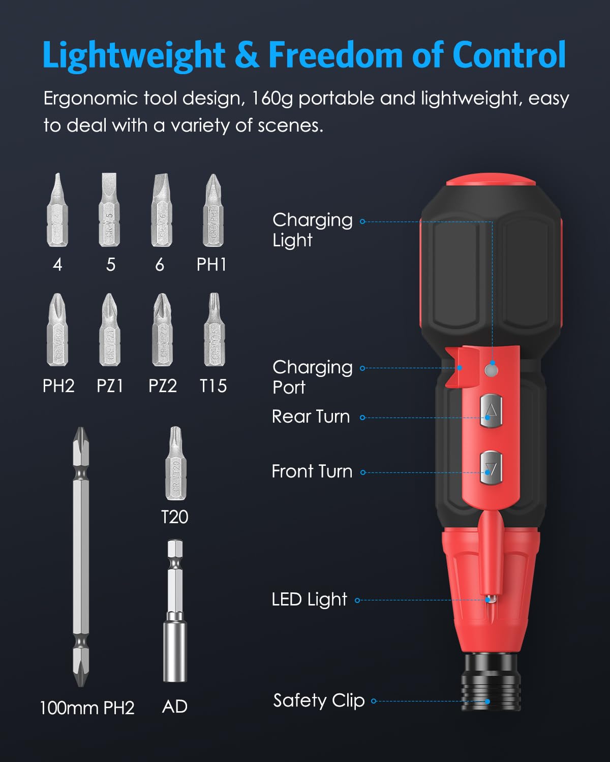AMIR Cordless Power Screwdriver, Rechargeable Electric Screwdriver Sets, Portable Automatic Home Repair Tool Kit, Motorized Screwdriver with USB Cable and LED Lights