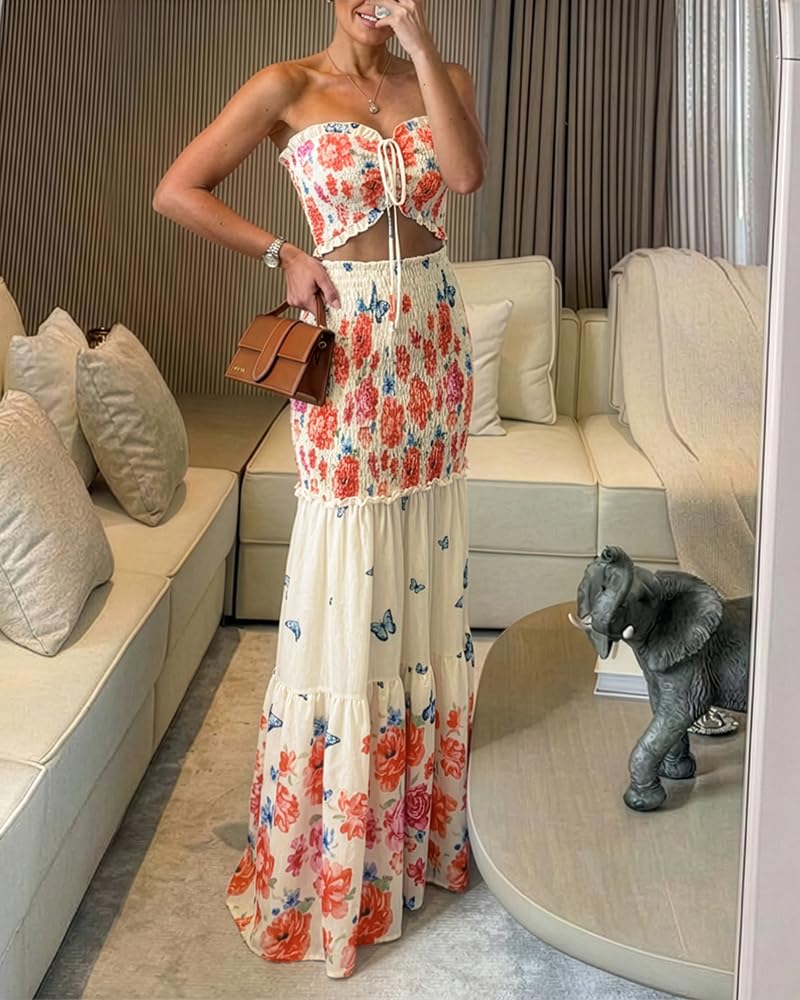 CHICME Floral Printed Vacation Dress Halter Tie Ruched Shirred Bandeau Party Dress Slim Ruffle Hem Wedding Guest Dress