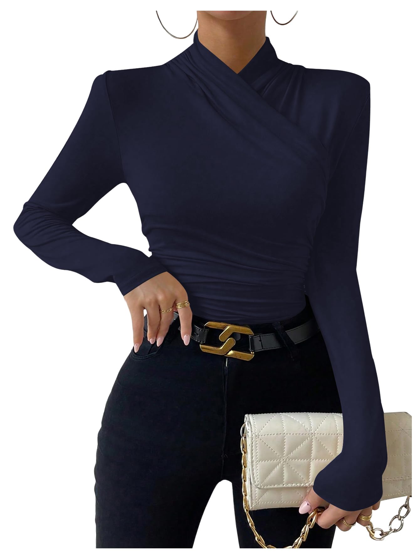 SweatyRocks Women's Ruched Mock Neck Long Sleeve T Shirt Solid Slim Fitted Tee Tops