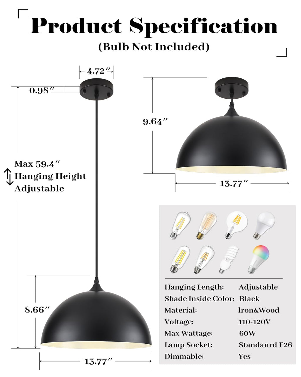 White Pendant Lights, 11.8 inch Pendant Lights Kitchen Island, Farmhouse Pendant Light Fixtures (White Inside), Industrial Pendant Lighting for Dining Room, Bedroom, Hallway (1 Pack)