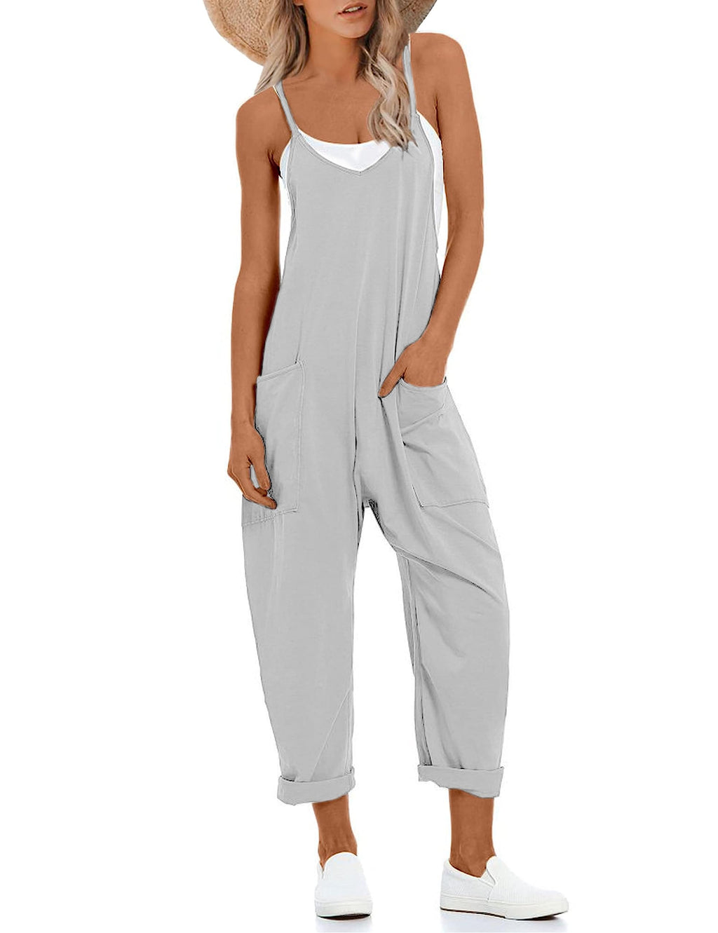 Lentta Women's Causal Jumpsuits V Neck Sleeveless Harem Overalls Stretchy Adjustable Strap Romper with Pockets