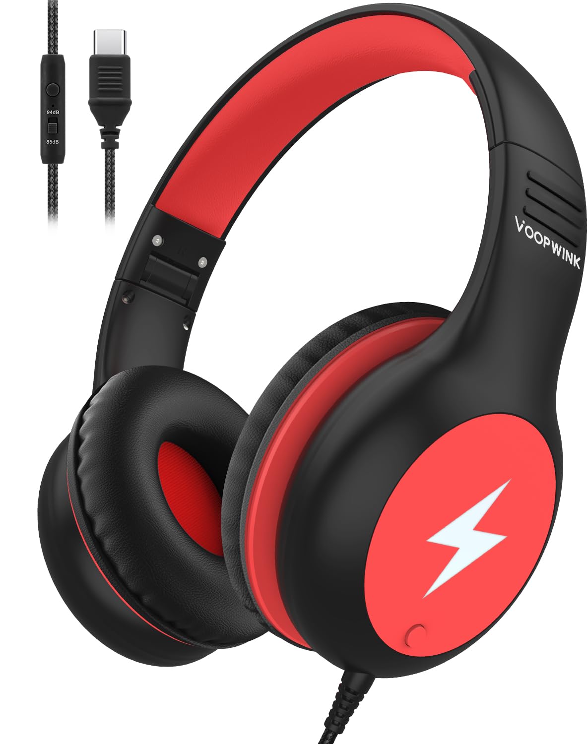 Voopwink Kids Headphones Wired with Microphone, USB Type C Headphones for Kids Girls Boys with Cord/LED Lights/85/94dB Volume Limit, Portable Over Ear Headphones for School/Travel/Tablet/iPad
