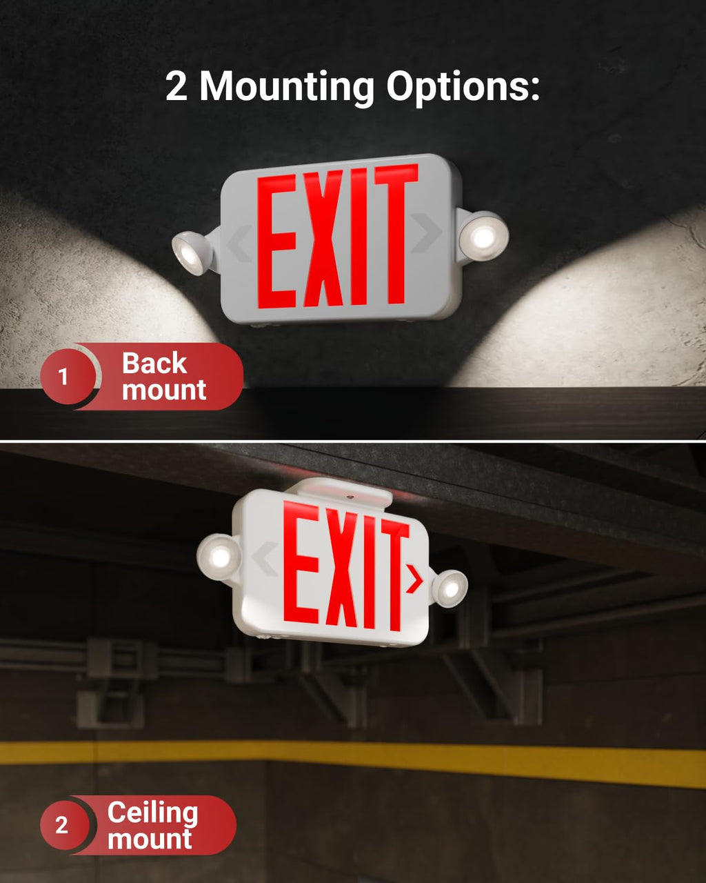 Sunco 12 Pack Combo Red LED Exit Sign with Emergency Lights, Two Mini Adjustable Head Lights, 94V-0 Fire Resistant, Backup Battery, 2.3W, 6000K, 200 Lumens, 120-277V, Wall or Ceiling Mount, Modern, UL