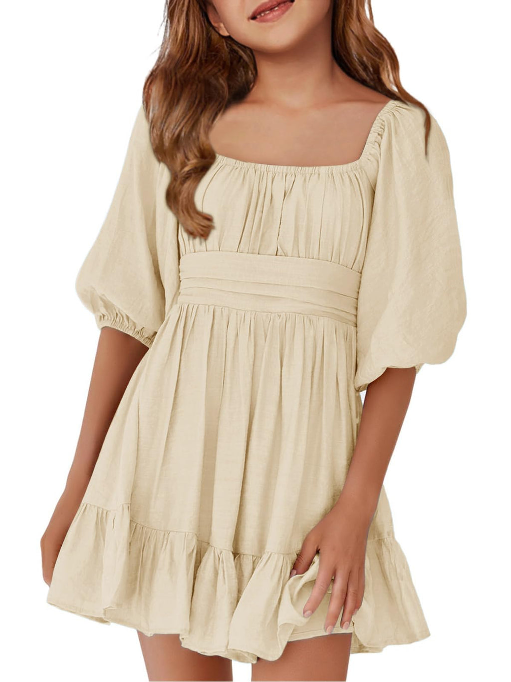 Girls Summer Dresses Square Neck Lantern Sleeve Tie Backless Ruffle A-Line Party Mini Dress