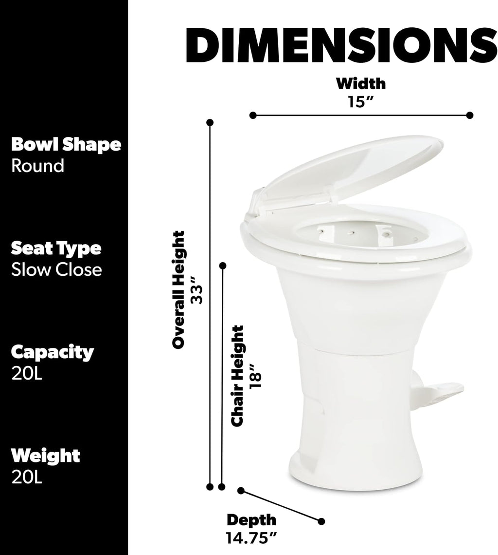 Dometic 310 Standard Toilet, White, Round Shape, Ceramic, Plastic, Wood, Lightweight with Pressure-Enhanced PowerFlush & Slow Close Seat Cover – Perfect for Modern RVs (302310081)