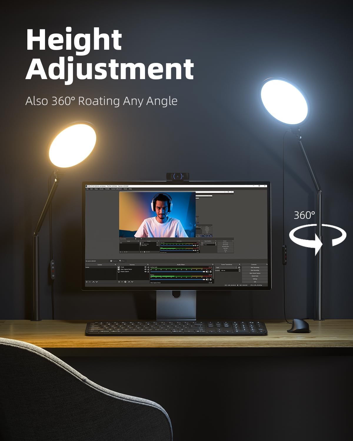 Weilisi 10.2" Desk Ring Light with Stand, 360° Rotate Desk Lamps for Home Office with C-Clamp, Flexible Height Desk Light, Adjust Arm Ring Light for Desk, Podcast, Gaming, Recording, Zoom Lighting