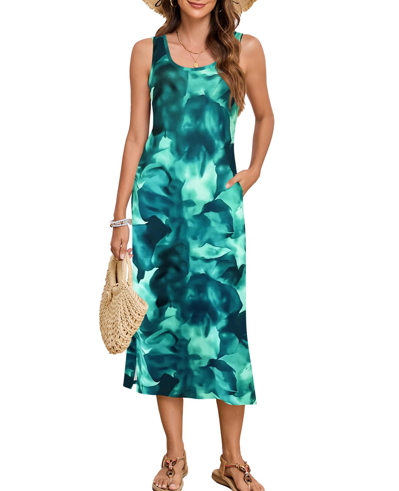 Naggoo Women's Sleevelee Tank Dress Midi Summer Casual Scoop Neck Basic Split Maxi Tshirt Sundresses with Pockets