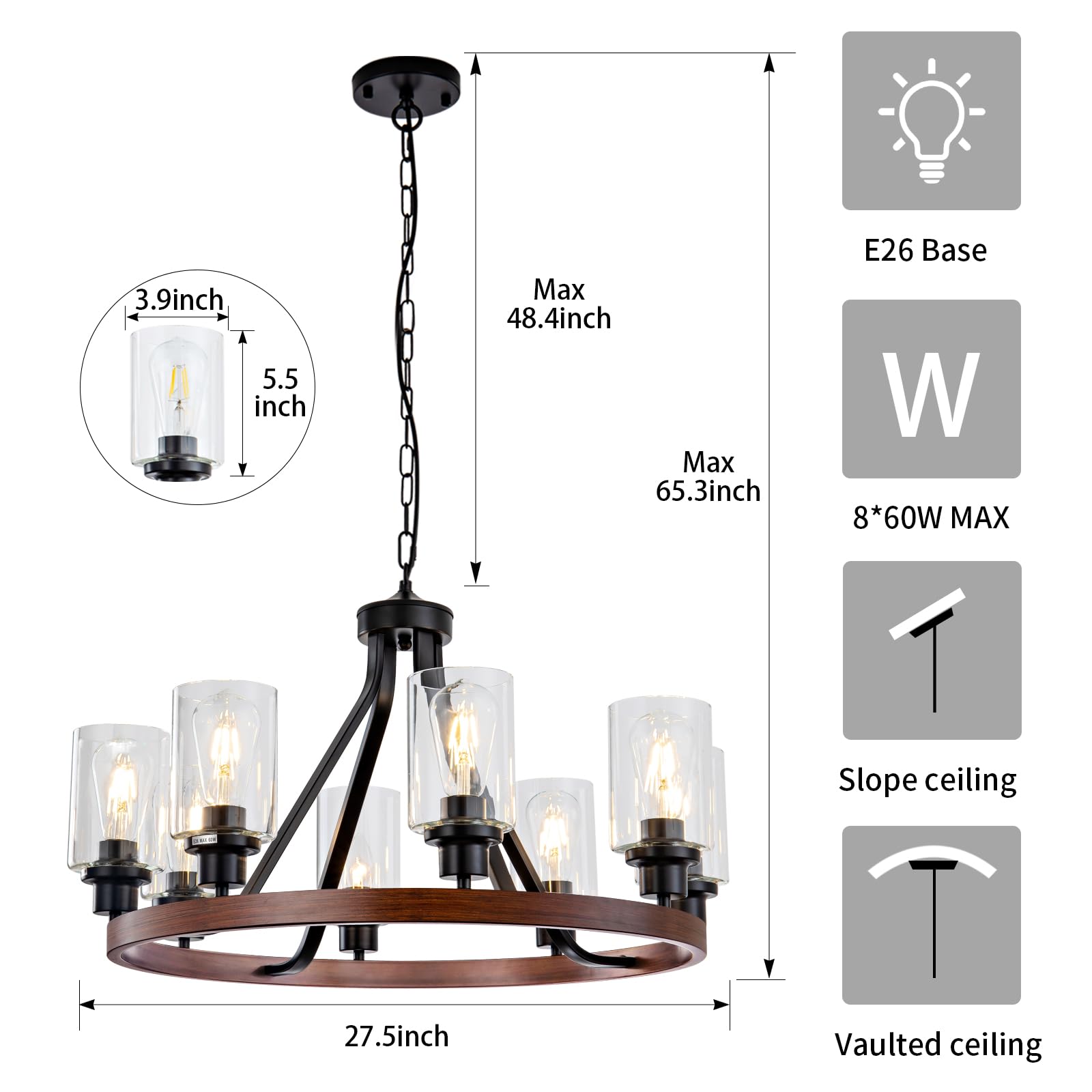 Lanhall 6-Light Modern Dining Room Light Fixture Brushed Nickel Kitchen Chandelier Ceiling Hanging Pendant Lighting with Glass Shade for Living Room Bedroom Entryway Adjustable Height Metal E26