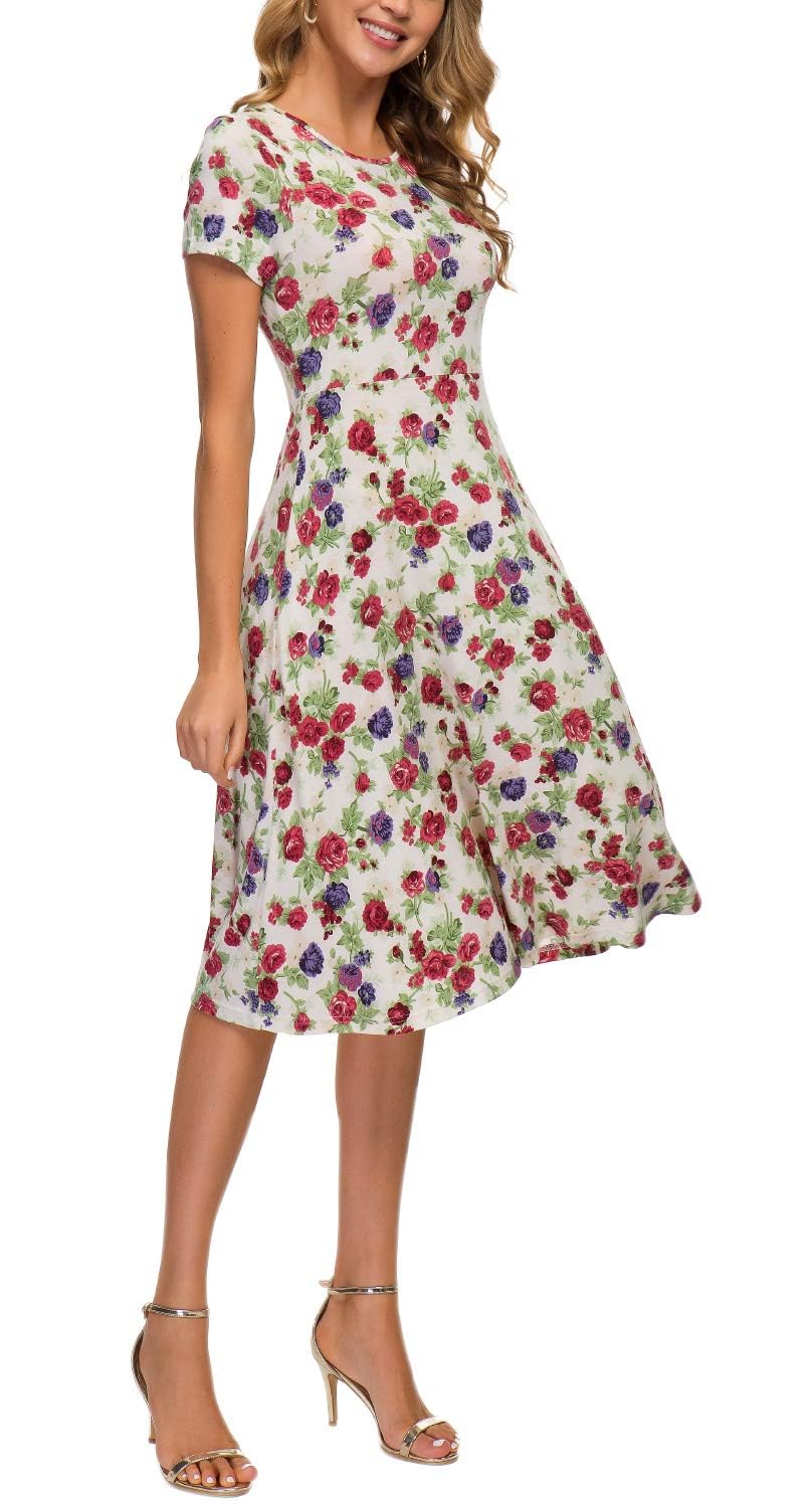 Urban CoCo Women's Vintage Short Sleeve High Waist Flared Midi Casual Summer Dress