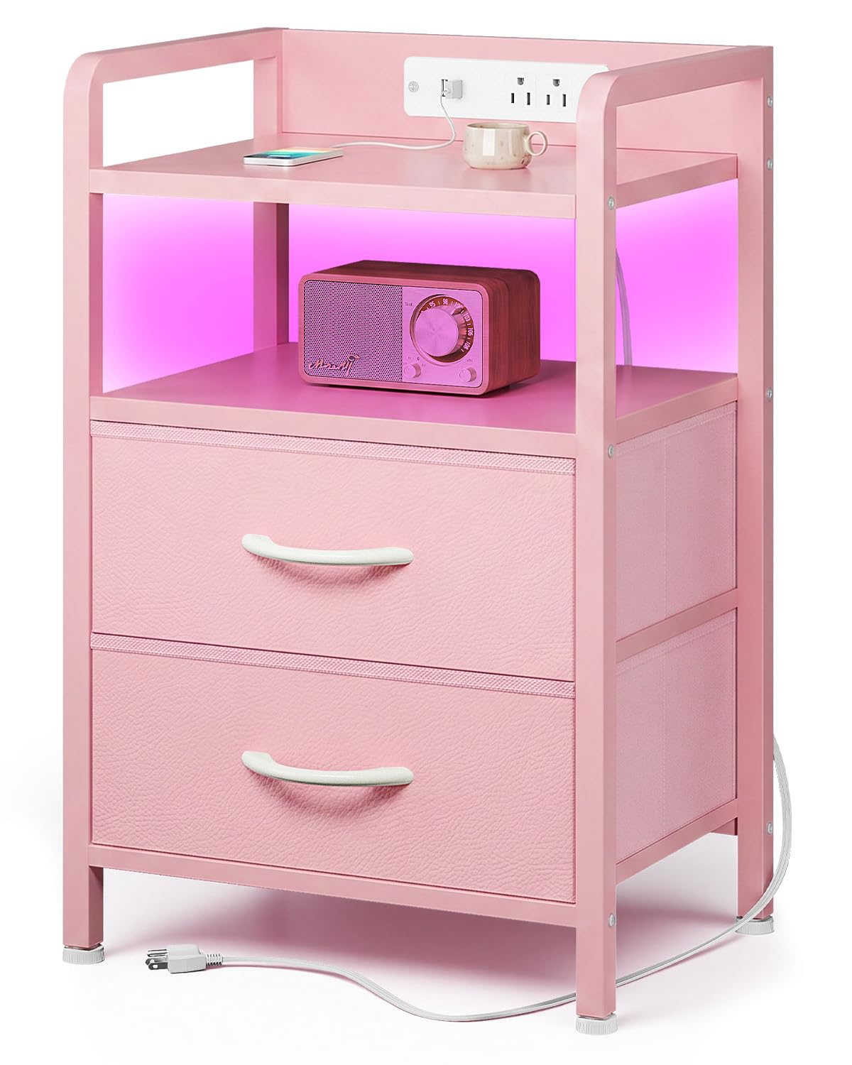 Lazzanto Night Stand Bedside Charger Bedroom - Nightstand with Charging Station & LED Light Strip, Night Stand with Storage Shelf & 2 Fabric Drawers, Morden End Table with U-S-B Ports & AC Outlets