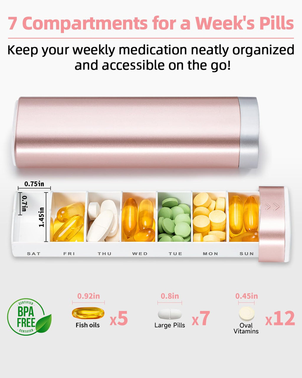 Betife Travel Pill Organizer Weekly 7 Day, Compact Daily Pill Box, Portable Medicine Case, Cute Pill Holder for Vitamins Supplements, Drawer-Shaped Pills Organizer (Black)