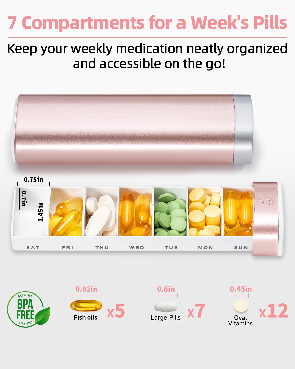 Betife Travel Pill Organizer Weekly 7 Day, Compact Daily Pill Box, Portable Medicine Case, Cute Pill Holder for Vitamins Supplements, Drawer-Shaped Pills Organizer (Black)