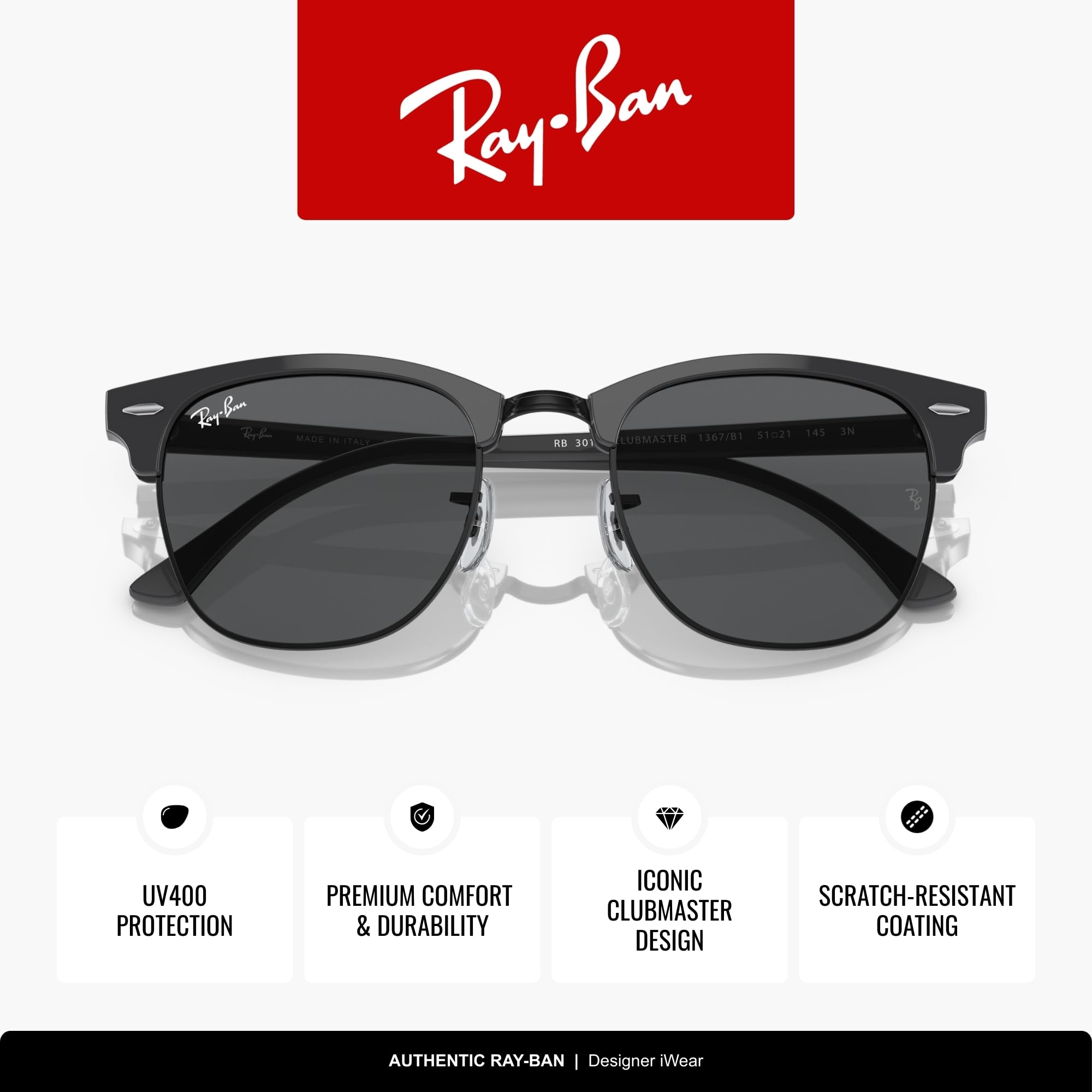 Ray-Ban RB3016 Clubmaster Classic Square Sunglasses for Men for Women