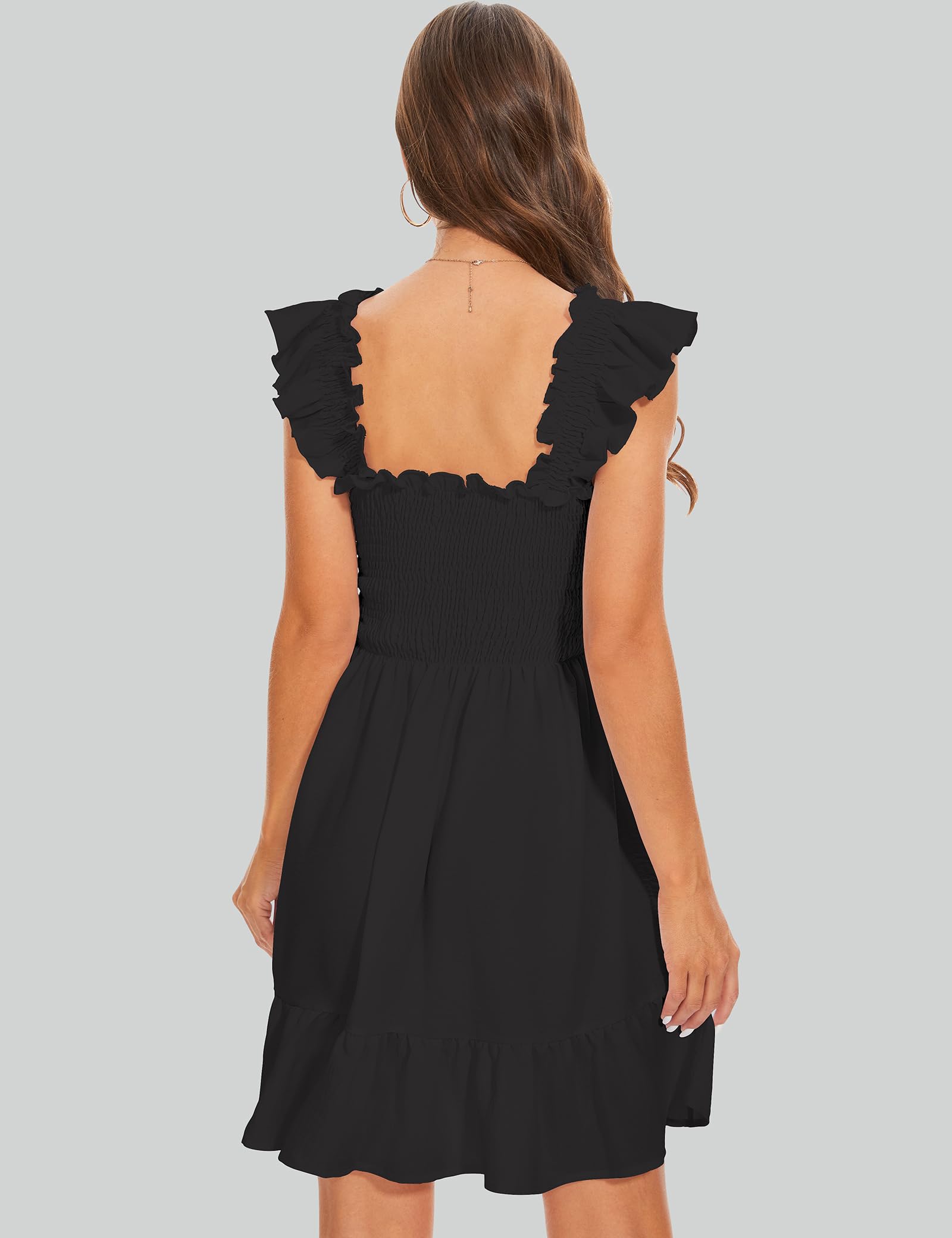 ROYLAMP Women's Smocked Dresses Square Neck Elegant Tiered Boho Ruffle Shoulder Swing Flowy Summer Casual Mini Dress