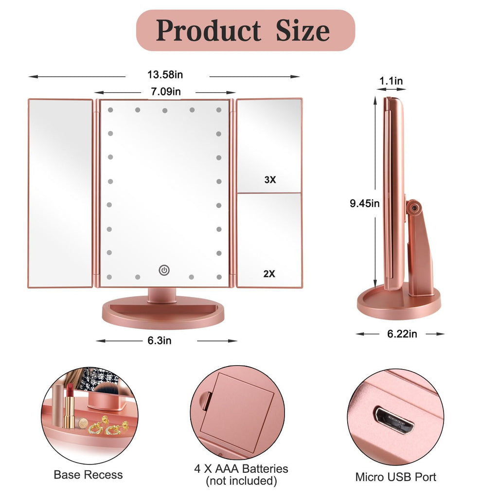 Flymiro Tri-fold Lighted Vanity Makeup Mirror with 3x/2x Magnification,Light up Mirror for Makeup,Touch Screen 21 LEDs,180° Rotation Countertop Cosmetic Mirror,Gifts for Women Mom Teen Girls