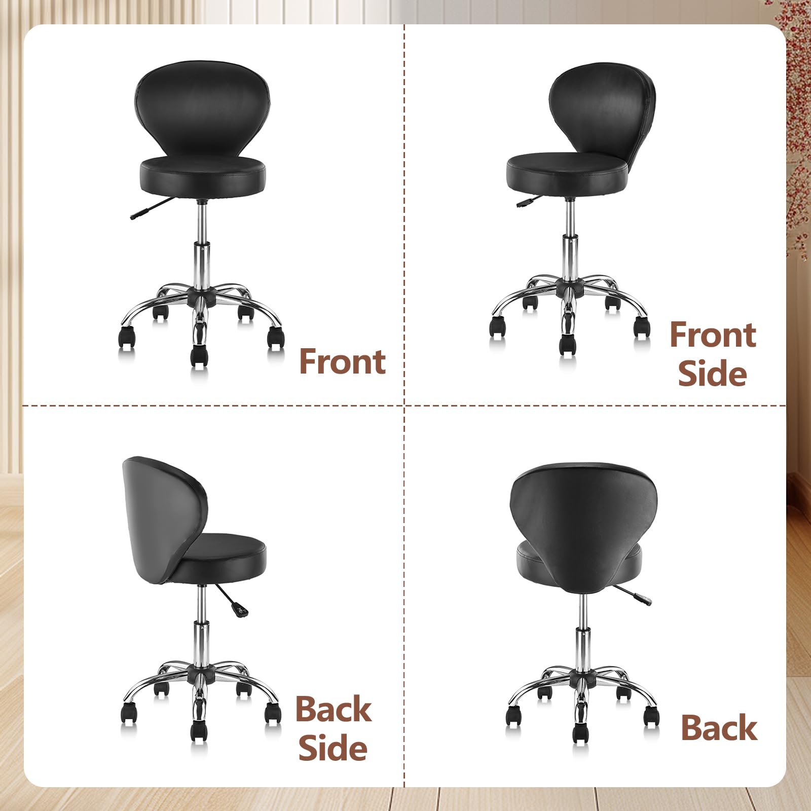 KLASIKA Leather Rolling Swivel Salon Stool Chair with Back Support Adjustable Hydraulic Seat Height 22 in for Office Massage Facial Spa Medical Drafting Tattoo Beauty Barber