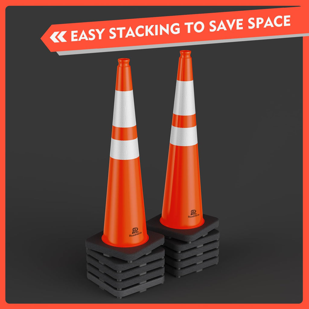 RoadHero 4 Pack Traffic Safety Cones 18 Inch with Black Weighted Base, Plastic PVC Cone, Orange Cones with Reflective Collar, Cones for Parking Lot, Construction Events, Road Safety