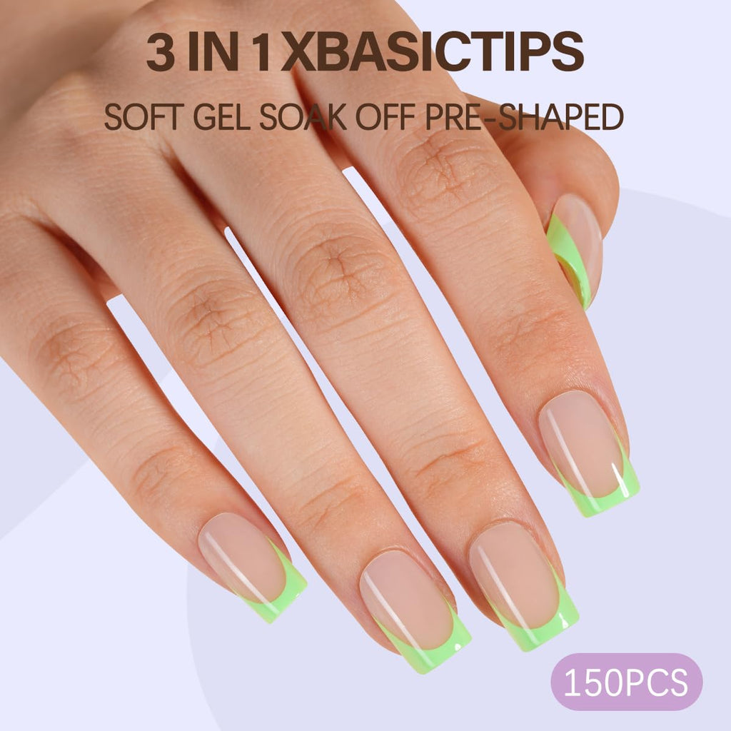 Misssix XBASICTIPS French Tip Press On Nails, 300Pcs French Gel Nail Tips Long Square, Soft Gel Pre-shaped No Need to File 3 in 1 Tips, Fake Nails for Nail Art DIY Extension Designs 15 Sizes