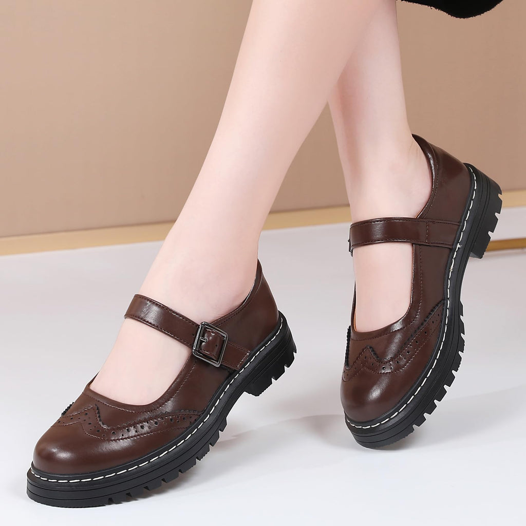 Mary Jane Shoes Women Platform Non-Slip Classics Round Toe Ankle Strap Comfort Casual Oxford Dress Work Mary Jane Flat Shoes