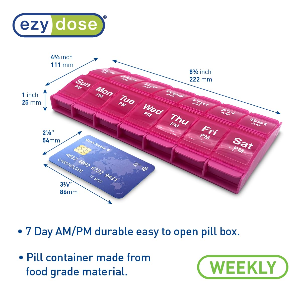 EZY DOSE Push Button (7-Day) Pill Case, Medicine Planner, Vitamin Organizer, 2 Times a Day, AM/PM Container, X-Large Compartments, Arthritis Friendly, Easy to Use, Transparent Lids, Black, BPA Free