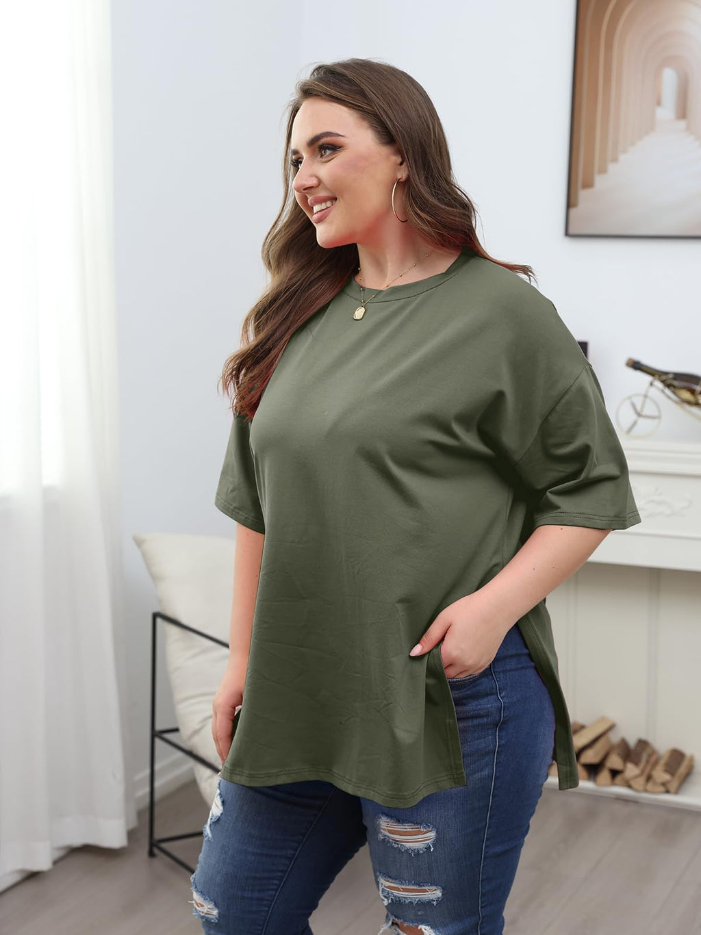 VNIRA Plus Size T Shirt for Women Oversized Cotton Short Sleeve Workout Top Loose Fit Side Split Casual Basic Tunic Top
